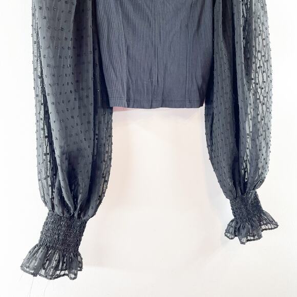 Urban Outfitters Cynthia Ribbed Square Neck Clip Dot Long Sleeve Crop Top Black - Picture 7 of 7